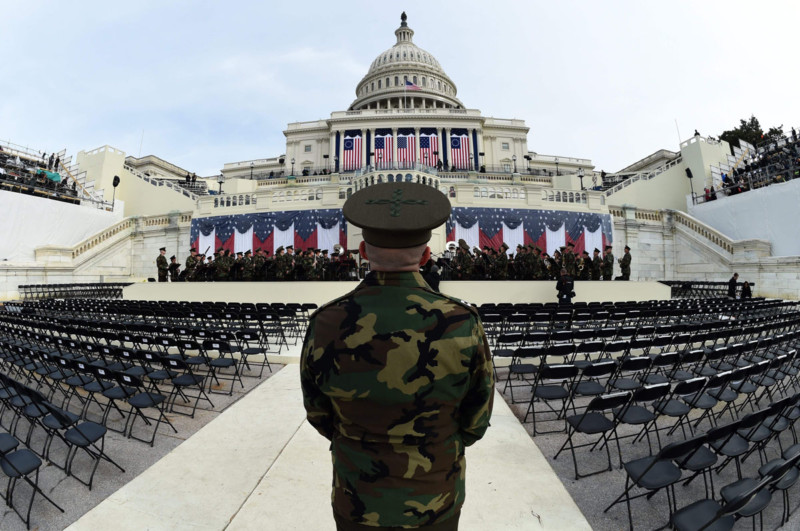 The United States Marine Corps Band practices in front of the podium where US President-elect Donald Trump will take the oath of office and be sworn in as the 45th US president in  Washington, DC on January 19, 2017.
Twenty-four hours before he takes the oath of office as the 45th US president, Trump arrived in Washington on Thursday, determined to transform American politics over the next four years. / AFP PHOTO / TIMOTHY A. CLARYTIMOTHY A. CLARY/AFP/Getty Images ** OUTS - ELSENT, FPG, CM - OUTS * NM, PH, VA if sourced by CT, LA or MoD **